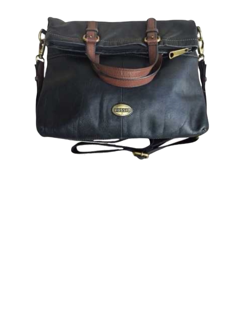 Fossil Explorer Black Leather Messenger Fold-over Convertible Tote Bag